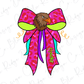 A colorful bow with a brown eagle head is prominently displayed against a white background.
