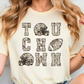 A person wearing a white t-shirt with the text "TOUCH DOWN" printed on it, along with various football-related graphics such as a helmet and a football.