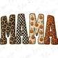 the word "MAMA" made up of various fabric textures and patterns, including leopard print, checkered, and pumpkin designs.