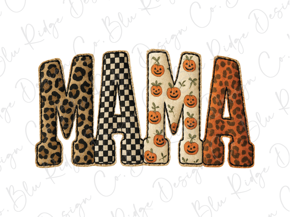 the word "MAMA" made up of various fabric textures and patterns, including leopard print, checkered, and pumpkin designs.