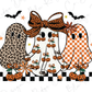 three whimsical ghost characters with unique features, such as leopard print patterns, bows, and pumpkin decorations, set against a white background with bats and stars.