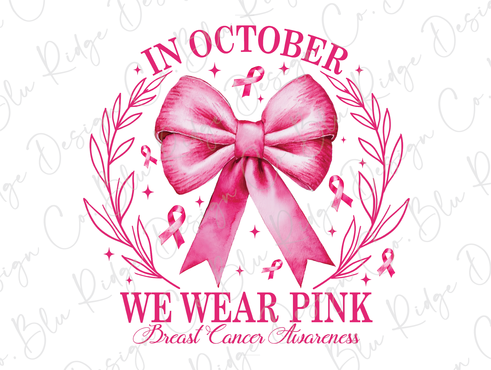 a pink ribbon with the words in october we wear pink breast cancer awareness