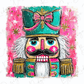 A colorful illustration of a nutcracker with a bow, set against a pink background with stars.