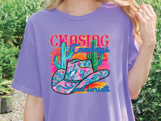 a woman wearing a purple shirt with a cactus on it
