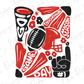 a red and black football sticker on a white background