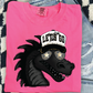 A pink t-shirt with a graphic of a cartoon dragon wearing a baseball cap and sunglasses, along with the text "LET'S GO".