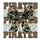a large camouflage bow with the word "PIRATES" written in a repeating pattern of brown and green letters.