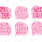 a set of six pink stickers with words and stars