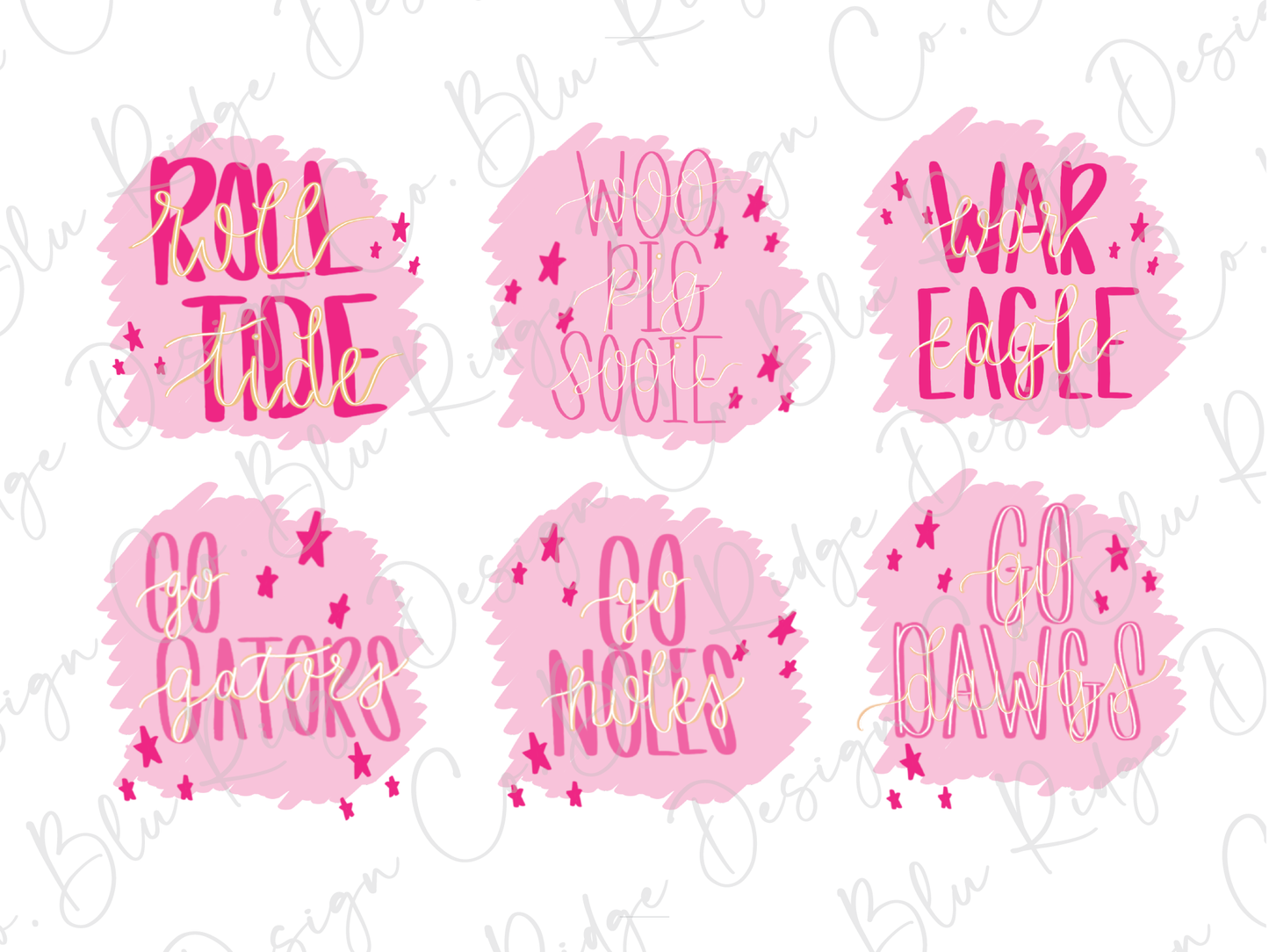 a set of six pink stickers with words and stars