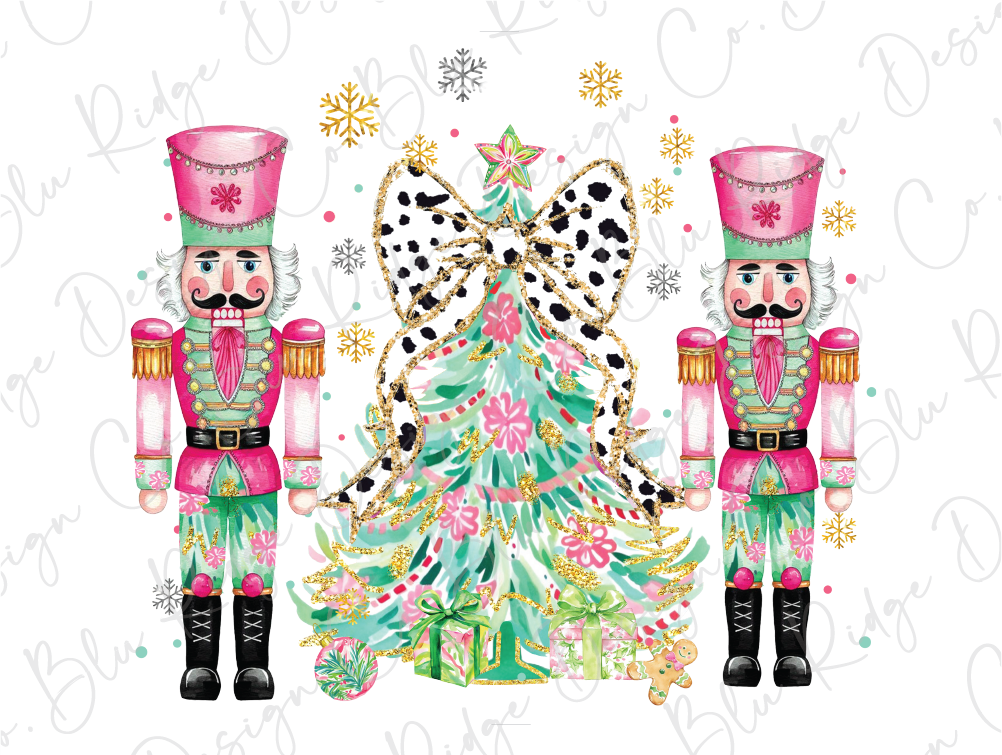 two nutcrackers standing next to a christmas tree