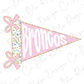 A pink triangular flag with the word "Prunos" written on it, along with two pink bows.
