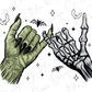 A hand with green skin and black claws is shown making a "hang loose" sign, while a skeleton hand is depicted in a skeletal pose. The background features bats and stars, creating a spooky and Halloween-themed illustration.