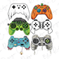 four video game controllers with different designs on them