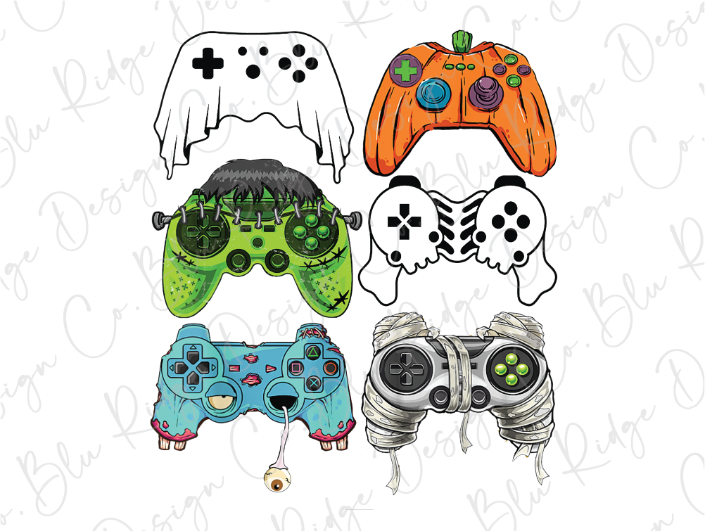 four video game controllers with different designs on them