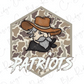 A cartoon illustration of a man wearing a cowboy hat and a scarf, with the word "Patriots" written below the image.