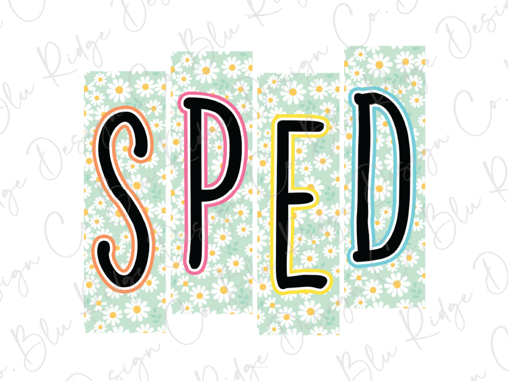 the word "SPED" written in a stylized font, with the letters "S", "P", "E", and "D" in different colors and sizes. The background of the image has a floral pattern.