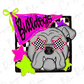 A cartoon illustration of a bulldog wearing sunglasses with checkered stars, surrounded by a pink banner with the word "Bulldogs" written on it.