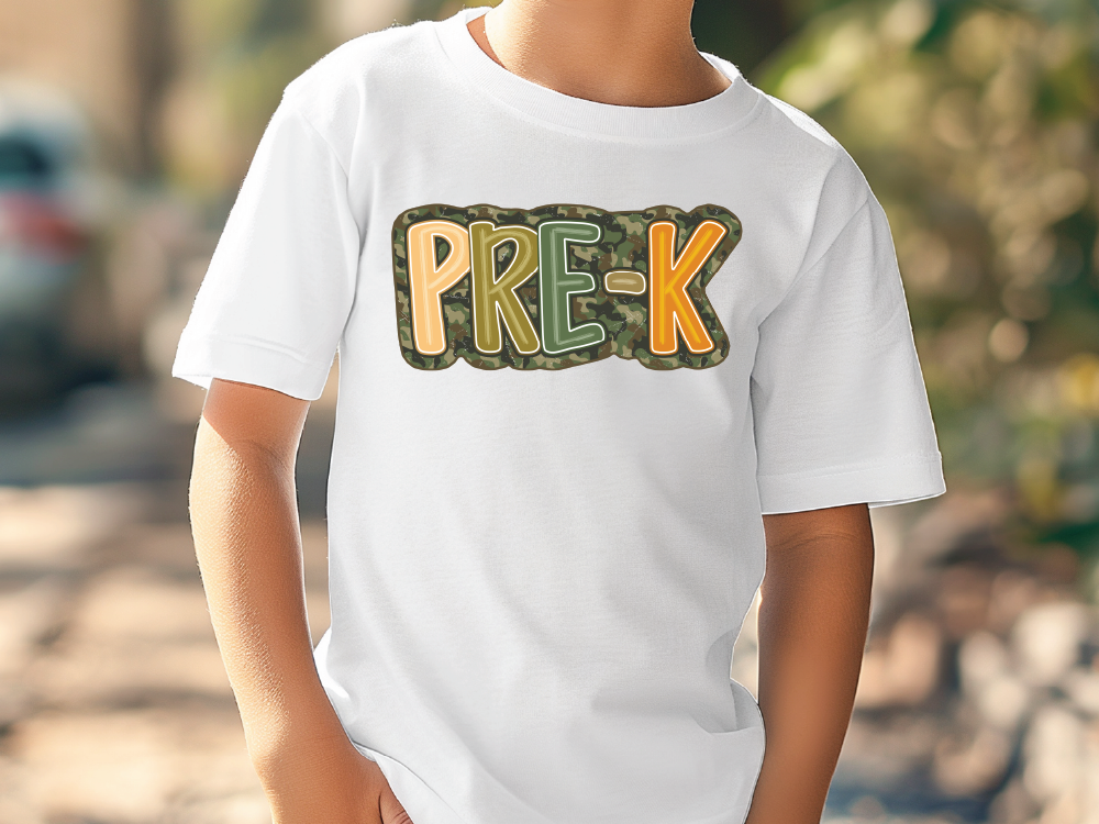 a young boy wearing a white shirt with the word prek printed on it