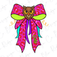 A colorful bow with an owl design, featuring a pink and green pattern and the word "Ours" written on it.