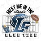 a football field with a football and a wave-like logo, along with the text "MEET ME IN THE STAND'S BLUE TIDE".