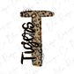 A stylized letter 'T' with a leopard print pattern, featuring the word "Tigers" written in cursive below it.