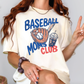 A person wearing a white t-shirt with a baseball graphic and the text "Baseball Moms Club" is making a peace sign with their hand.