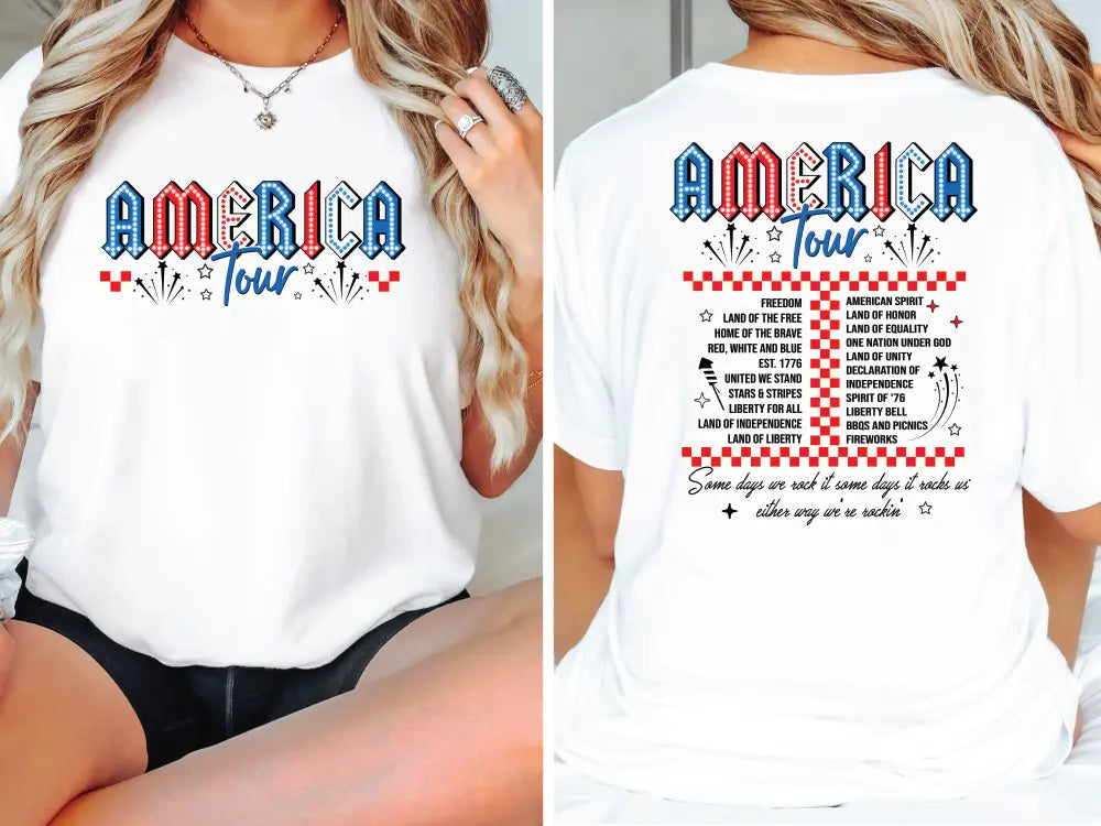 a woman wearing a white america tour t - shirt