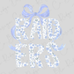 the word "RAIDERS" with a floral pattern and a blue ribbon bow.