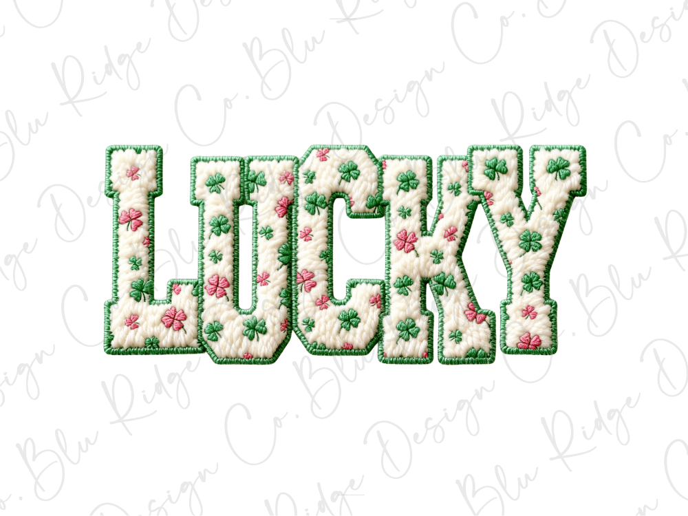 the word "Lucky" with a pattern of green and white clovers and flowers, creating a visually appealing and unique design.
