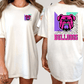 A woman wearing a white t-shirt with a graphic of a bulldog and the word "Bulldogs" printed on the back.