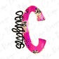 A pink and black cursive letter 'C' with a leopard print pattern, accompanied by the word "Cougars" written in a stylized font.