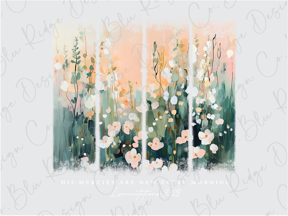 a painting of a field of flowers on a white background