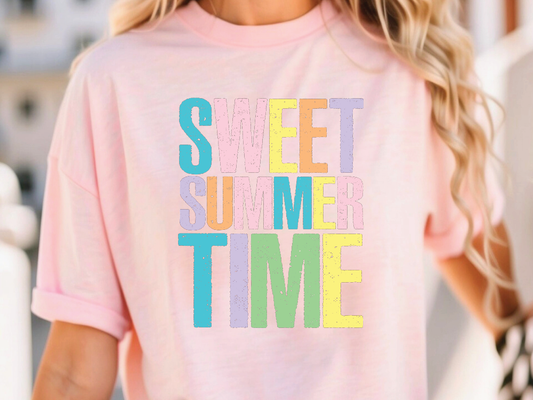 a woman wearing a pink shirt that says sweet summer time