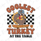 a turkey on a skateboard with the words go west turkey at the table