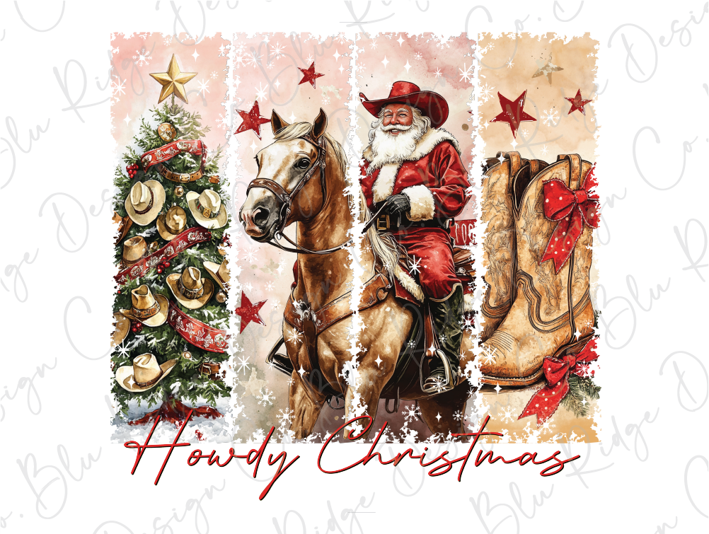 a painting of santa riding a horse next to a christmas tree