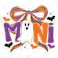 a Halloween-themed design with a ghost, a bow, and bats.
