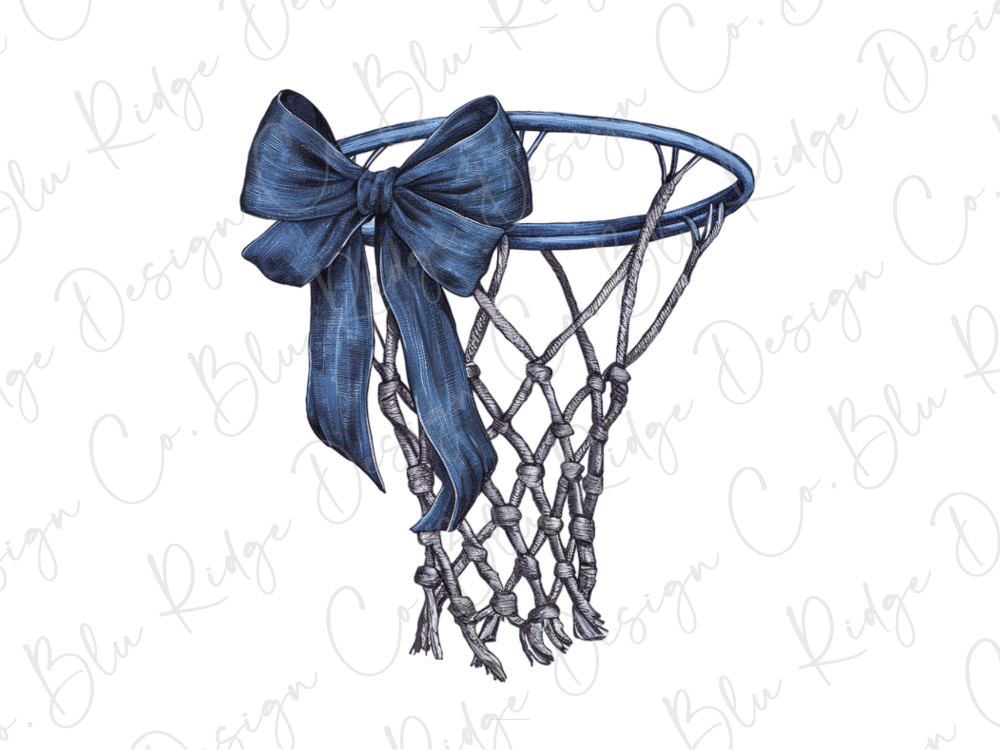 A blue basketball net with a bow on it.