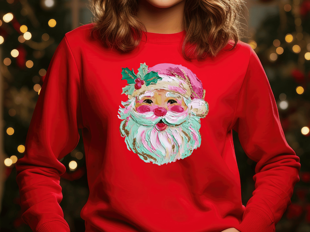 A person wearing a red sweater with a Santa Claus face design on it.