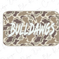 A rectangular object with a camouflage pattern and the word "Bulldogs" written in white text.