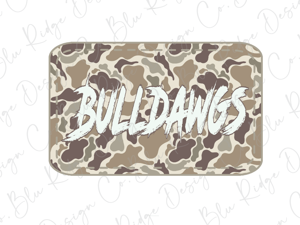 A rectangular object with a camouflage pattern and the word "Bulldogs" written in white text.