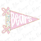 A pink triangular flag with the word "Bears" written on it, along with two pink bows.