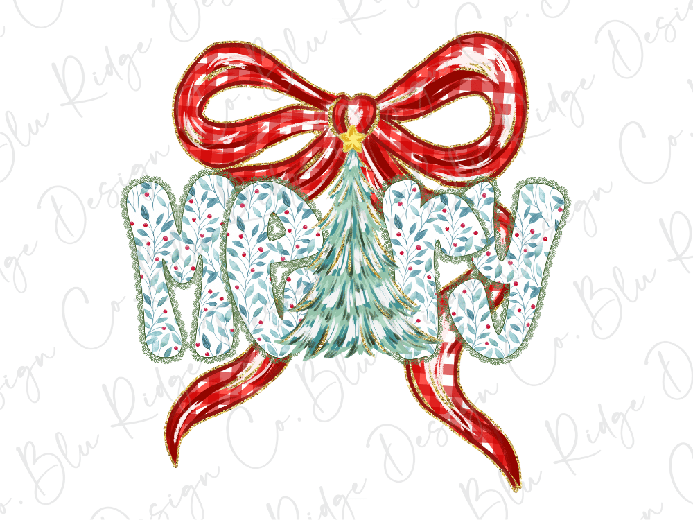 a Christmas-themed design with a red bow, a tree, and the word "Merry" written in a decorative font.