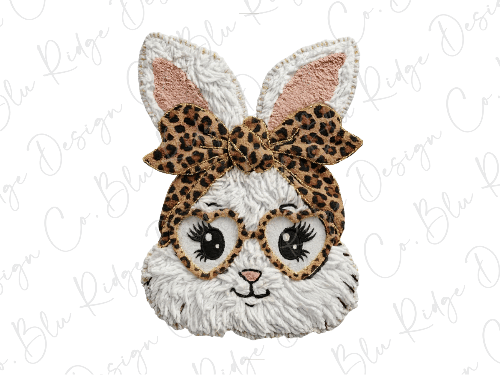 A white bunny wearing a leopard print bow, glasses, and a face mask with large eyes and a big smile.