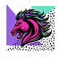 A stylized illustration of a pink horse with a fierce expression, surrounded by geometric shapes in various colors including purple, green, and black.