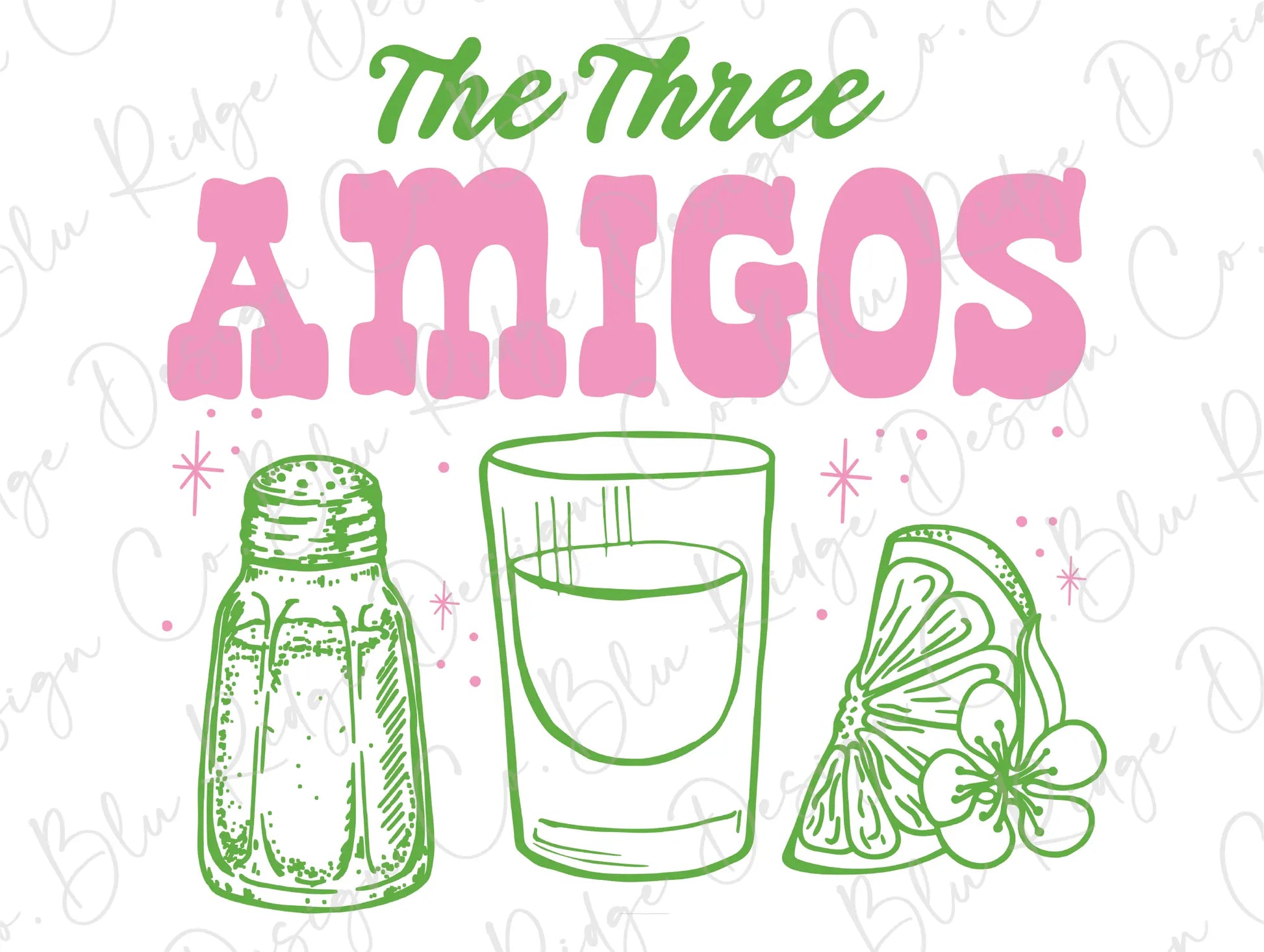 the three amigos are next to a glass of water