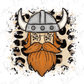 A stylized illustration of a bearded man wearing a Viking helmet, with a leopard print background.
