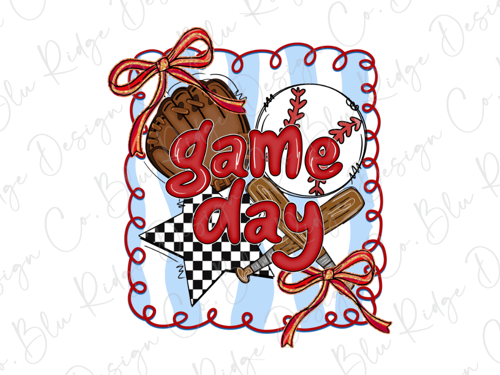a baseball-themed design with the text "game day" prominently displayed. The design includes a baseball, a baseball glove, and a baseball bat, all arranged in a visually appealing manner.