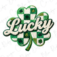 a large, intricately designed cloverleaf with the word "Lucky" written on it.