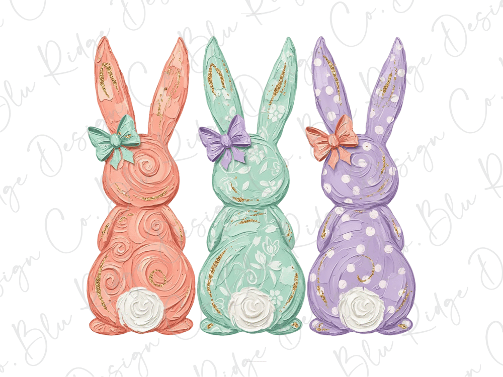 Three colorful Easter bunny statues, each with a bow on its head, are arranged in a row against a white background.