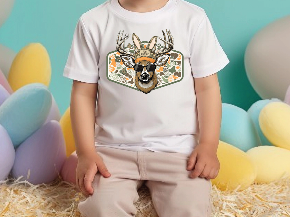 A child wearing a white t-shirt with a graphic of a deer wearing sunglasses and a hat.